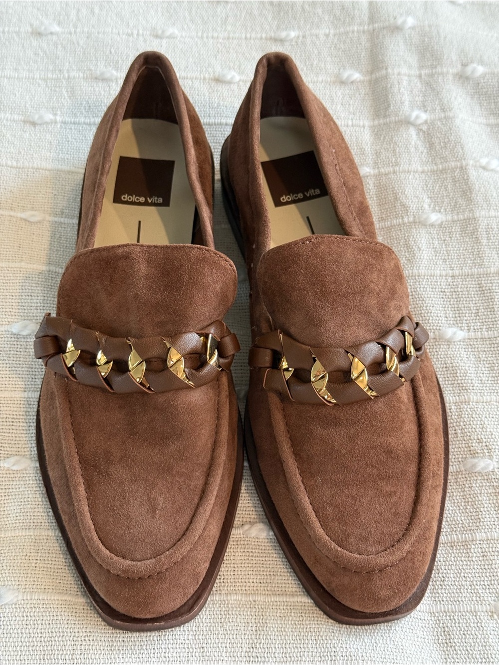 Dolce Vita Brown Suede Loafers with Gold Chain Detail